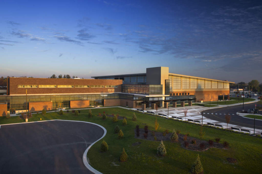 Purdue Fort Wayne Student Services Exterior Full Landscape Dusk