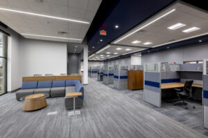 Open seating near cubical space
